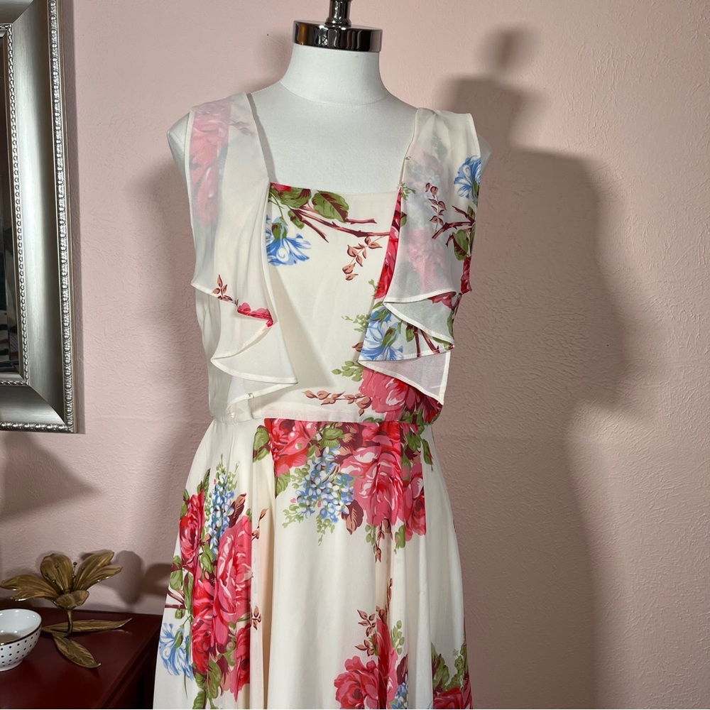 Vintage 90 Y2k Retro Betsey Johnson Cottagecore Floral ruffle Front Midi Dress - Picture 4 of 17